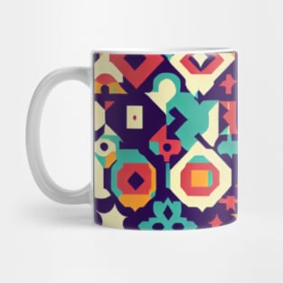 A retro-inspired pattern featuring bold colors and geometric shapes reminiscent of the 1970s. Mug